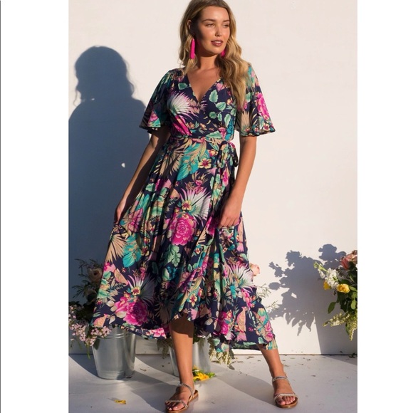 NWT- Mombasa Rose - petal wrap maxi dress - tropical pattern - size Medium - Picture 2 of 8